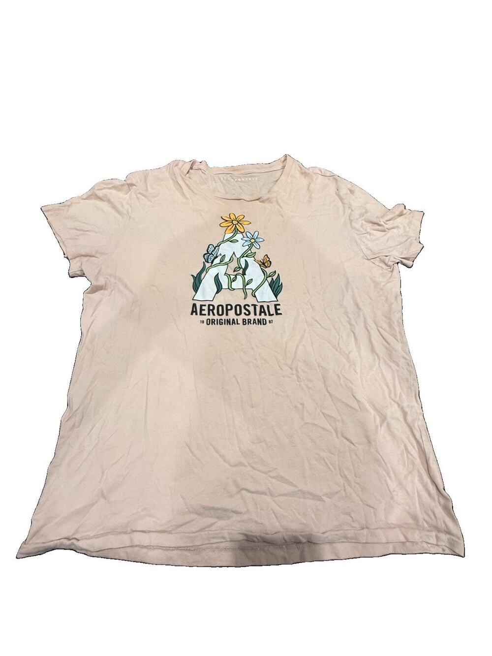 Aeropostale Graphic T Shirt Womens Large Beige Floral Logo Short Sleeve Casual